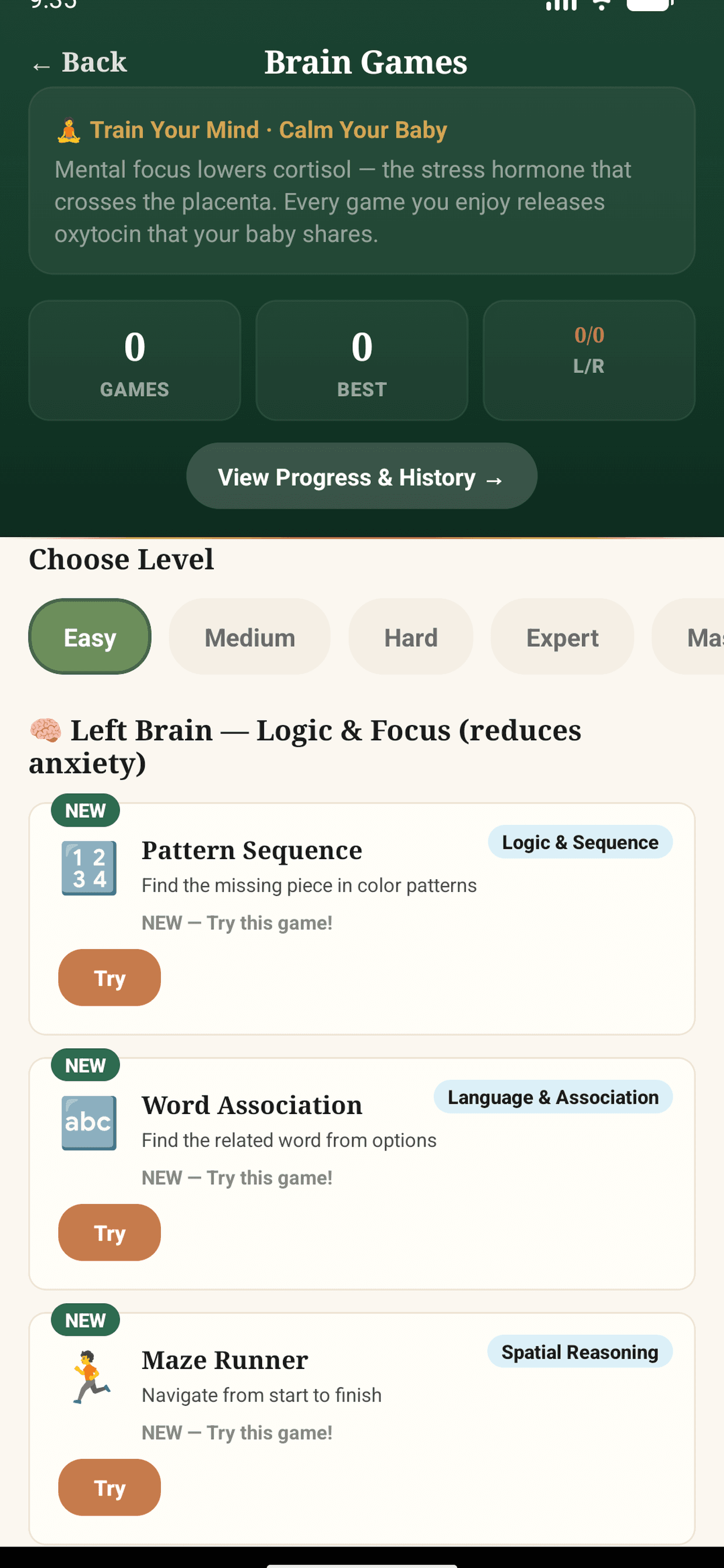 Brain games screen showing Left Brain logic and focus activities