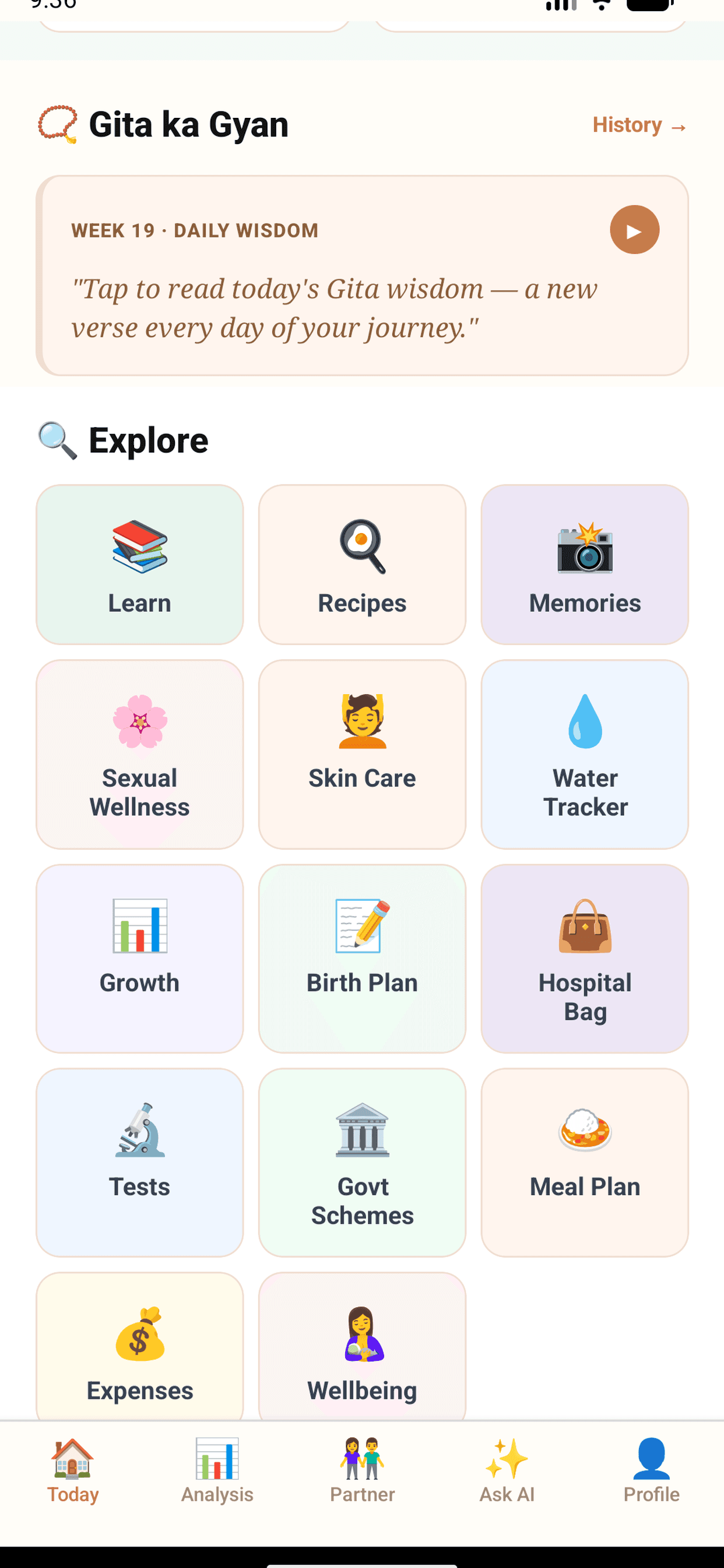 Explore screen showing all app sections including recipes, wellness, growth and more